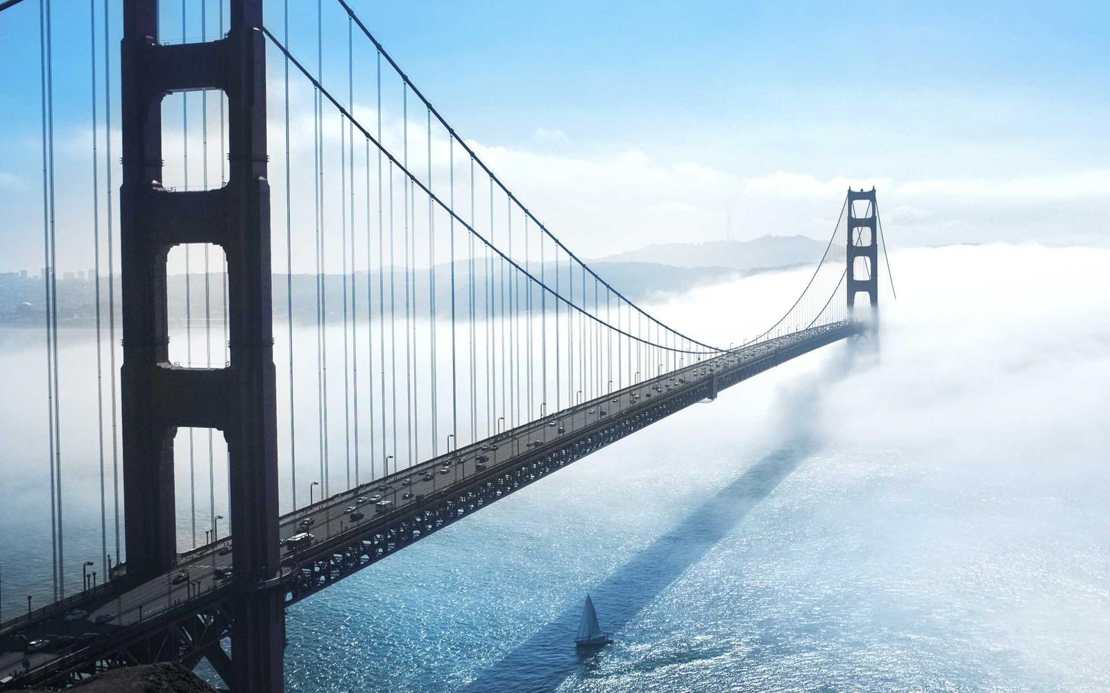A suspension bridge disappearing into thick fog above open water